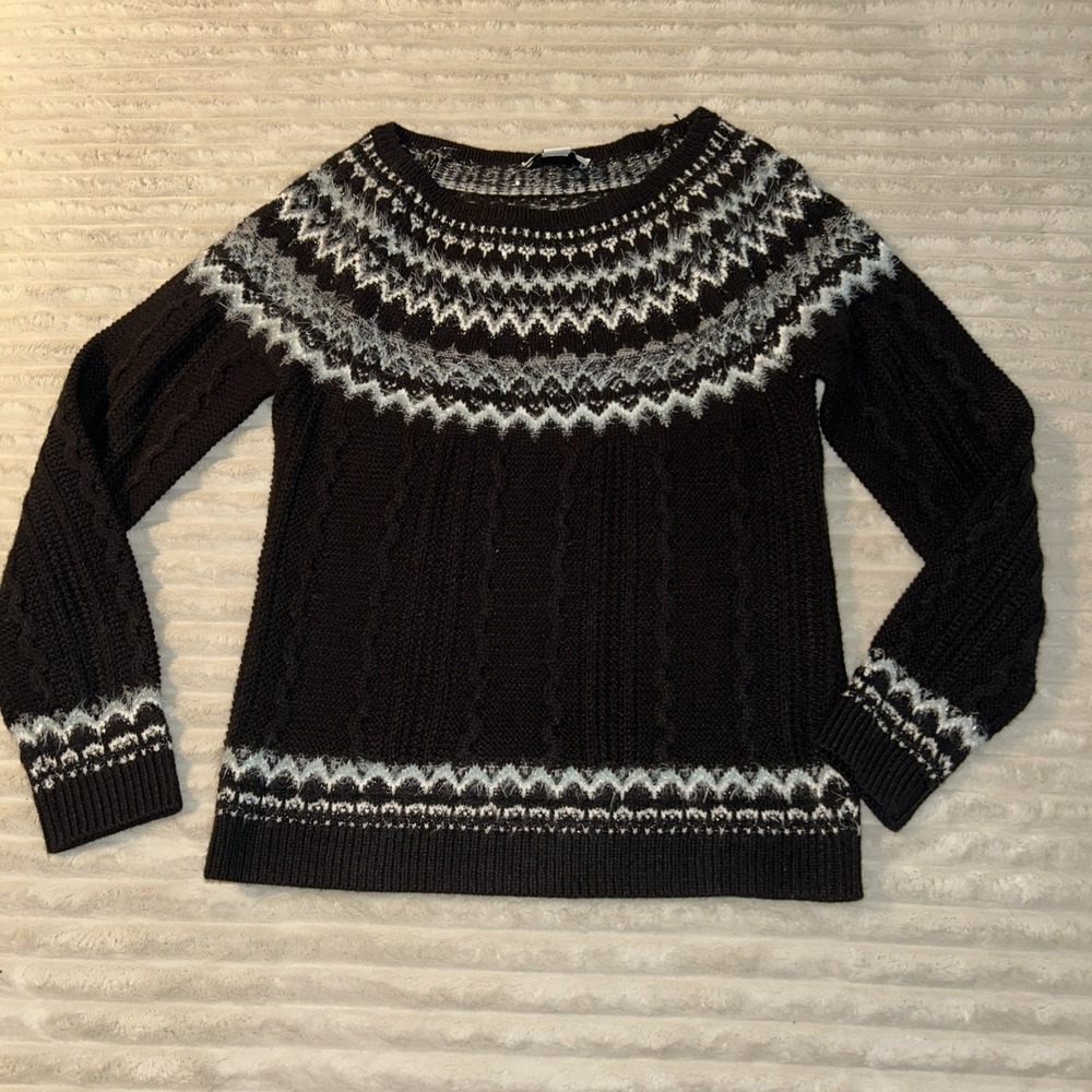 White House Black Market Fair Isle Sweater Chunky Knit Small Black Nordic Luxury